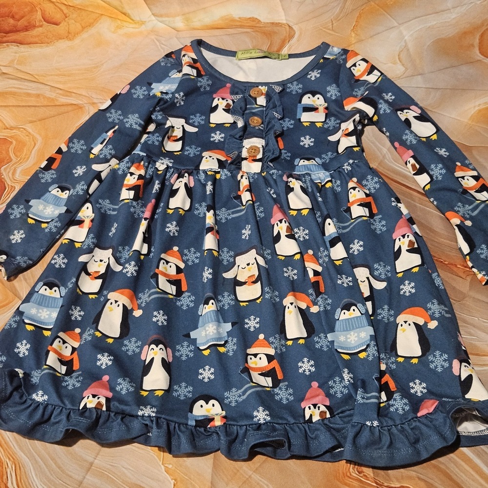 Millie Loves Lily Girls Penguin Winter Dress Size 4 Long Sleeve Ruffle